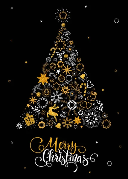 Lettrage Dessiné Main Noël Décoration Arbre Noël Flocons Neige Cadeaux — Image vectorielle