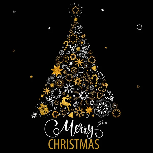 Lettrage Dessiné Main Noël Décoration Arbre Noël Flocons Neige Cadeaux — Image vectorielle
