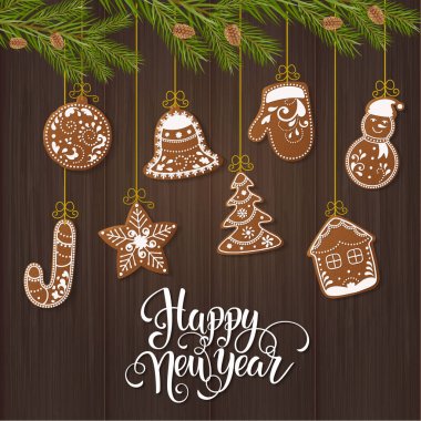 Noel gingerbread kümesi tanımlama bilgilerini dekore edilmiştir. Noel ağacı, kar taneleri, hediyeler. Kış tatili. Vektör çizim Eps10.