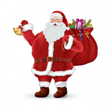 Noel Baba hediye torba tutar. Manzara orman. Noel tatili. Vektör çizim Eps10.