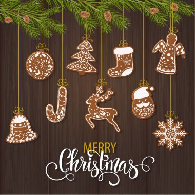 Noel gingerbread kümesi tanımlama bilgilerini dekore edilmiştir. Noel ağacı, kar taneleri, hediyeler. Kış tatili. Vektör çizim Eps10.