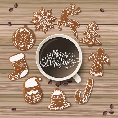 Noel gingerbread kümesi tanımlama bilgilerini dekore edilmiştir. Noel ağacı, kar taneleri, hediyeler. Kış tatili. Vektör çizim Eps10.