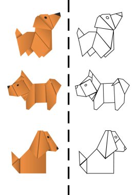 Kağıt origami köpek kümesi. 2018 yılın sembolü.