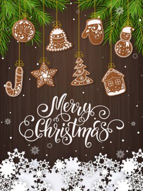 Noel gingerbread kümesi tanımlama bilgilerini dekore edilmiştir. Noel ağacı, kar taneleri, hediyeler. Kış tatili. Vektör çizim Eps10.