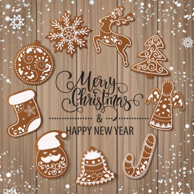 Noel gingerbread kümesi tanımlama bilgilerini dekore edilmiştir. Noel ağacı, kar taneleri, hediyeler. Kış tatili. Vektör çizim Eps10.