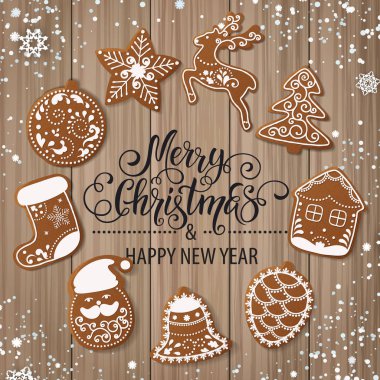 Noel gingerbread kümesi tanımlama bilgilerini dekore edilmiştir. Noel ağacı, kar taneleri, hediyeler. Kış tatili. Vektör çizim Eps10.