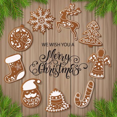 Noel gingerbread kümesi tanımlama bilgilerini dekore edilmiştir. Noel ağacı, kar taneleri, hediyeler. Kış tatili. Vektör çizim Eps10.