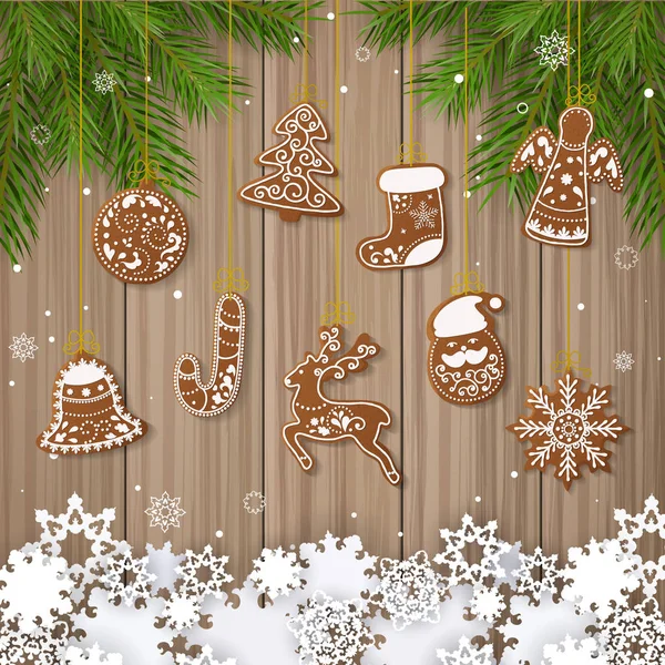 Noel Gingerbread Kümesi Tanımlama Bilgilerini Dekore Edilmiştir Noel Ağacı Kar — Stok Vektör