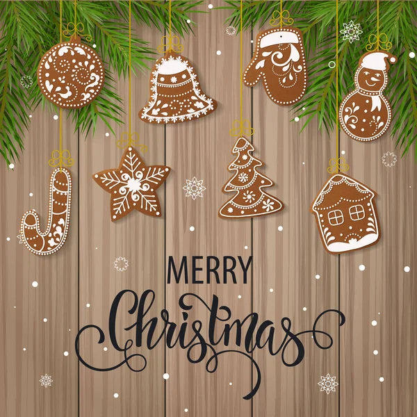 Noel gingerbread kümesi tanımlama bilgilerini dekore edilmiştir. Noel ağacı, kar taneleri, hediyeler. Kış tatili. Vektör çizim Eps10.