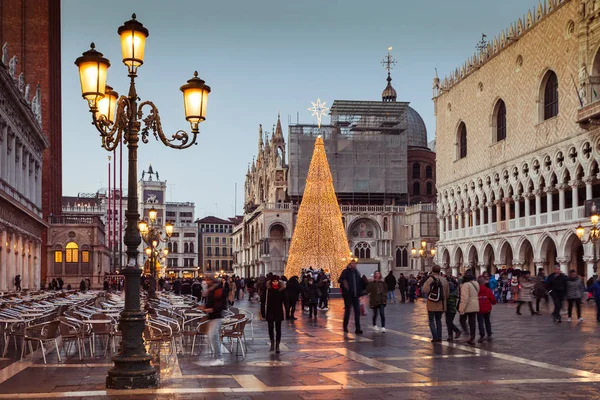 Venedik, Italya-02 2018 Ocak: akşamları Palazzo Ducale önünde Noel ağacı