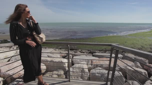 A fekete ruhás nő megmozdult a széltől, nézte a tengert a horizonton. — Stock videók