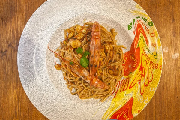 Эффект рисования маслом блюд из лингвистики с креветками на деревянном фоне — стоковое фото