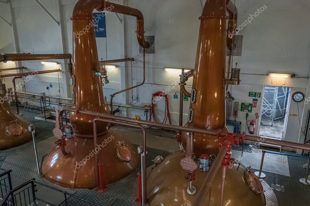 CARBOST, GREAT BRITAIN - JUNE 01, 2019: detail of industrial stills in the Talisker distillery