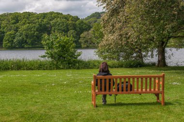Mentheit Gölü manzarasını düşünürken bir bankta oturan kız
