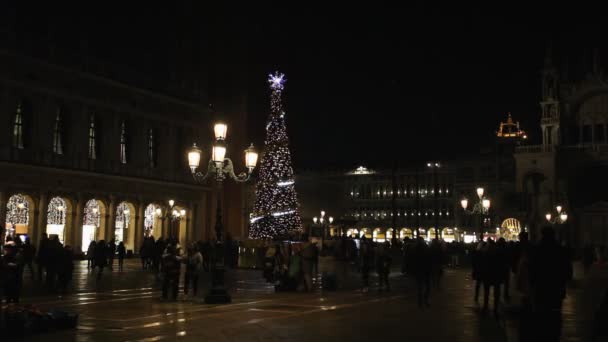 Akşamları San Marco Meydanı 'ndaki Noel ağacının yanında turistler toplanıyor. — Stok video