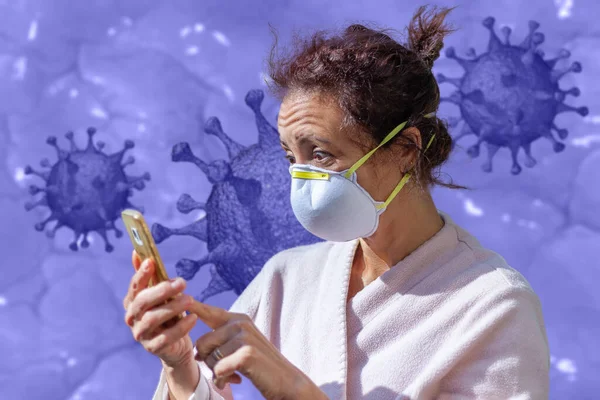 Woman with amazed expression, tousled hair and mask for coronavirus quarantine