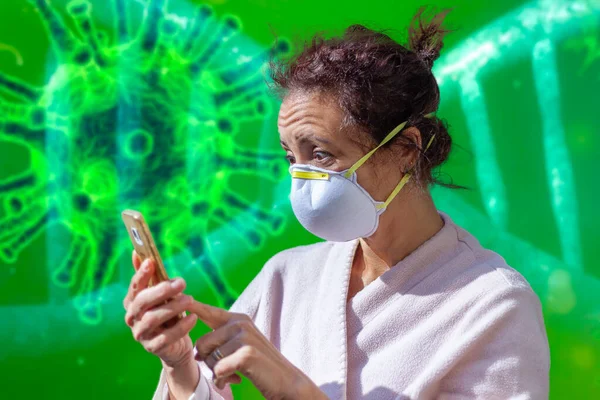 Woman with amazed expression, tousled hair and mask for coronavirus quarantine