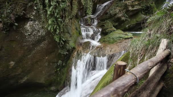Działanie kinematograficzne wodospadów z częściowo nieruchomą wodą w wąwozie — Wideo stockowe