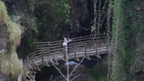 Woman on a wooden bridge passing in a beautiful canyon taking photo and video — Stock Video