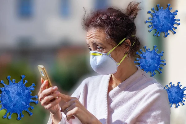 Frau mit verblüfftem Gesichtsausdruck und Maske für Coronavirus-Quarantäne — Stockfoto