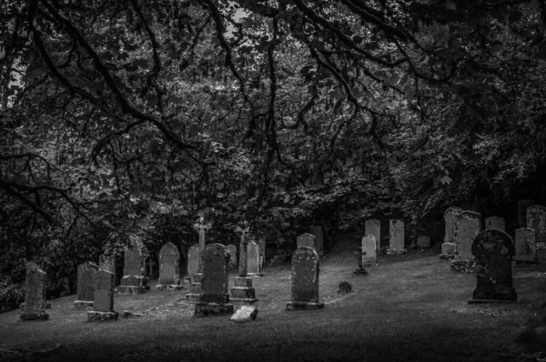 Efecto blanco y negro de tumbas en medio del bosque cerca de la tumba de Rob Roys — Foto de Stock