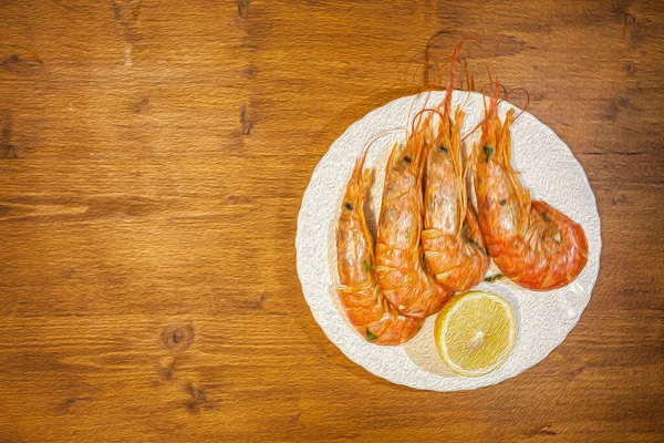Cooked prawns with lemon on wooden background oil painting effect — Stock Photo, Image