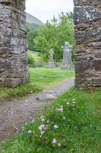 Path with tombs in the ruine of the Balquhidder Parish church, Scotland Stock Picture