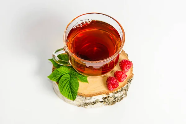 Una taza de té con bayas de grosella negra y terrones de azúcar está sobre un tocón de abedul, aislado sobre un fondo blanco . —  Fotos de Stock