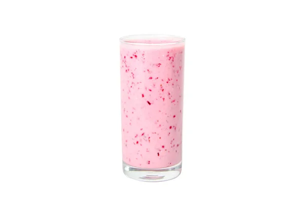 Glass of yoghurt cocktail, smoothies, with raspberries stands on a birch stump, isolated on white background. — Stock Photo, Image