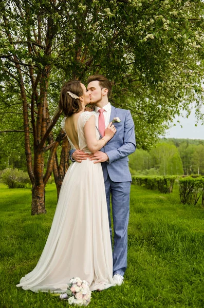 Panna młoda i pan młody w parku kissing.couple nowożeńców panna młoda i pan młody na weselu w przyrodzie zielony las całują portret zdjęcia.Wedding para — Zdjęcie stockowe