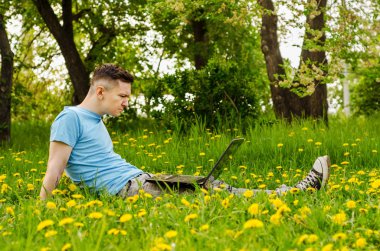 Genç Gyu, yeşil çimenler ve ağaçlar üzerinde dizüstü bilgisayarda çalışıyor..