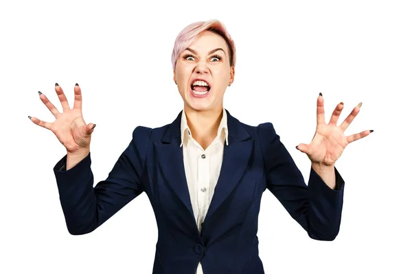 Young nervous business woman boss wants to kill everyone, isolated on a white background — Stock Photo, Image