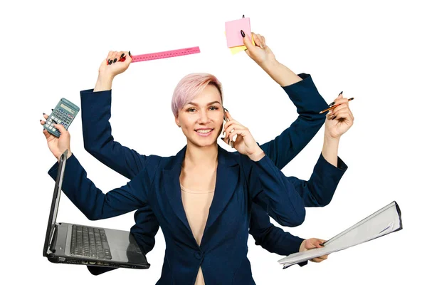 Young girl busy shiva office manager with many hands keeps supplies, isolated on a white background. — Stock Photo, Image