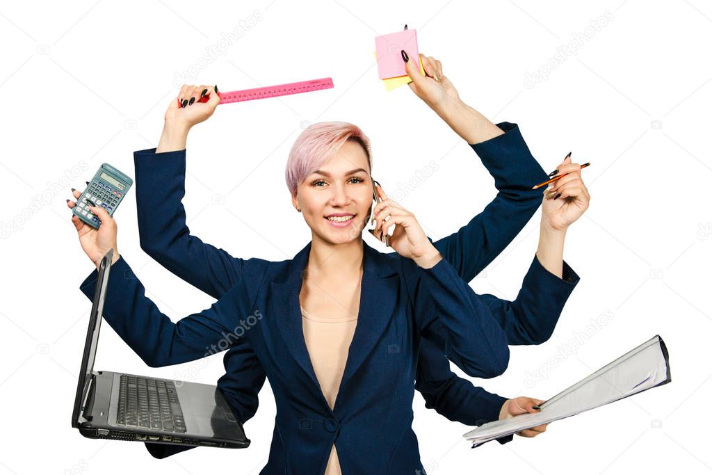 Young girl busy shiva office manager with many hands keeps supplies, isolated on a white background.