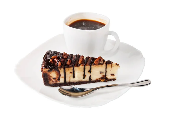 Copo de café e cheesecake de hocolate com pecan — Fotografia de Stock