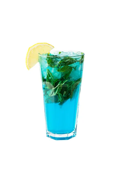 Blue Lagoon cocktail with a slice of lemon and mint isolated on white — 스톡 사진