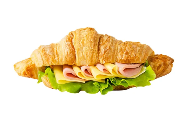 Croissant z szynką, serem i liściem sałaty na białym tle — Zdjęcie stockowe