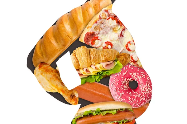 Silhouette eines dicken jungen Mannes mit ungesundem Essen im Inneren, isoliert auf weißem Hintergrund — Stockfoto