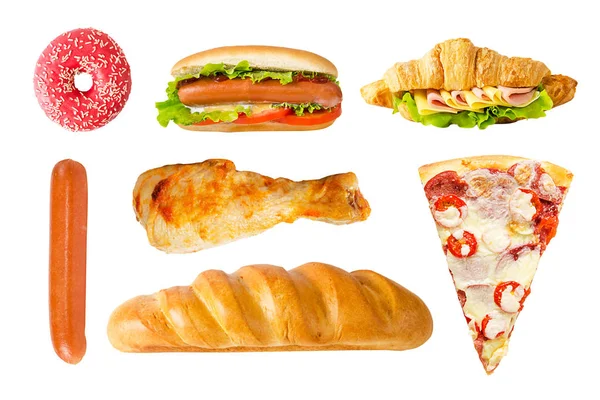 Reihe von Fast Food. Donut, Hotdog, Croissant mit Schinken und Käse, Wurst, Hähnchenkeule, Pizza und Weißbrot. isoliert auf weißem Hintergrund. — Stockfoto