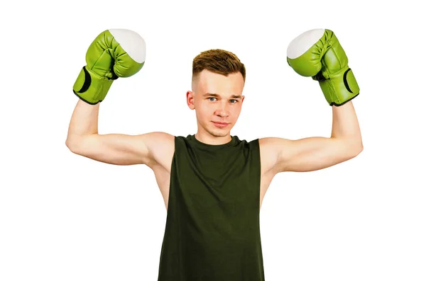 Junger Boxer in grünen Boxhandschuhen isoliert auf weißem Hintergrund. — Stockfoto