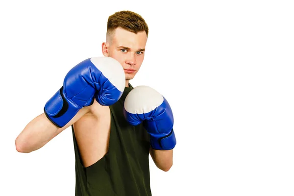 Joven boxeador en guantes de boxeo azul aislado sobre un fondo blanco . —  Fotos de Stock