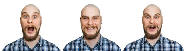 En skallig kille med skägg skildrar olika känslor: lycka, glädje, överraskning på en isolerad vit bakgrund. — Stockfoto