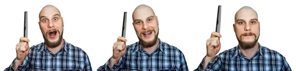 Un tipo calvo con barba representa diferentes emociones: felicidad, alegría, sorpresa sobre un fondo blanco aislado . —  Fotos de Stock