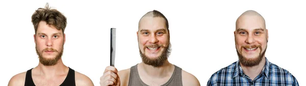 Change one guy before after: bald, cut in half, overgrown with long hair on an isolated white background — Stock Photo, Image