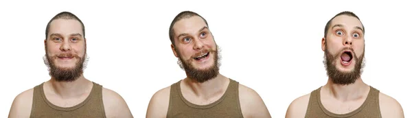 Лысый небритый парень с бородой изображает разные эмоции: счастье, радость, сюрприз на изолированном белом фоне — стоковое фото