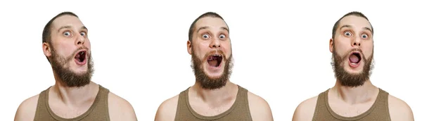 Лисий беззахисний хлопець з бородою зображує різні емоції: щастя, радість, сюрприз на ізольованому білому тлі — стокове фото