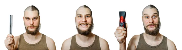Halv trimmad skallig kille på isolerad bakgrund. man hålla kam och clipper. Begreppet håravfall, alopeci, transplantation — Stockfoto