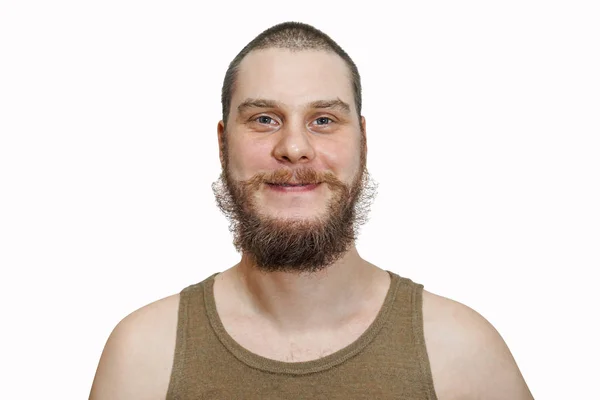 Retrato de cara de sonriente barbudo feliz sin afeitar chico sobre fondo blanco aislado —  Fotos de Stock