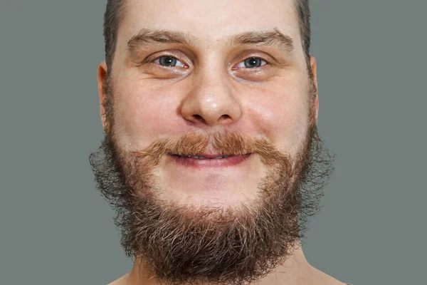 Face portrait of smiling happy bearded unshaven guy on white isolated background — 스톡 사진