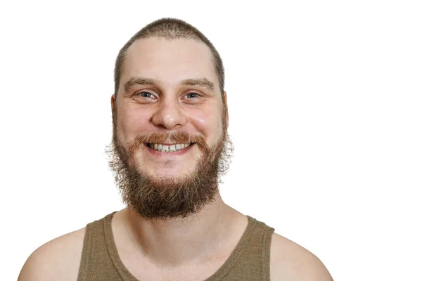 Portrait visage de sourire heureux barbu mec non rasé sur fond blanc isolé — Photo